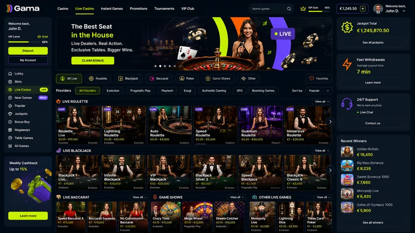 Live-казино Gama: рулетка, блэкджек, баккара и игровые шоу с лимитами столов